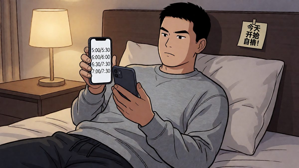 第1格：打工人深夜雄心壮志，一口气设了6个闹钟发誓早起跑步。