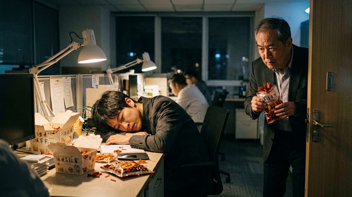 老板：'你怎么还在加班？' 员工：'您不也在……吃夜宵吗？'
