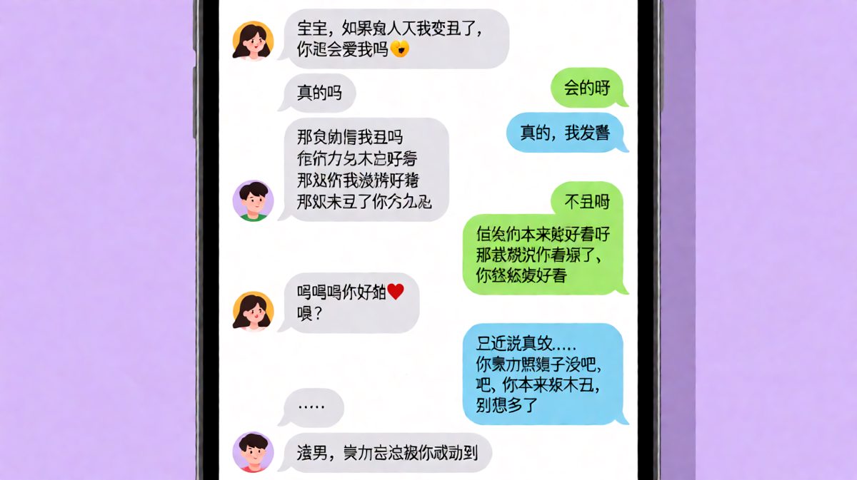 女生试探式问丑了还爱不爱，男生甜蜜回复后补刀说'你本来就不丑'，套路被识破。