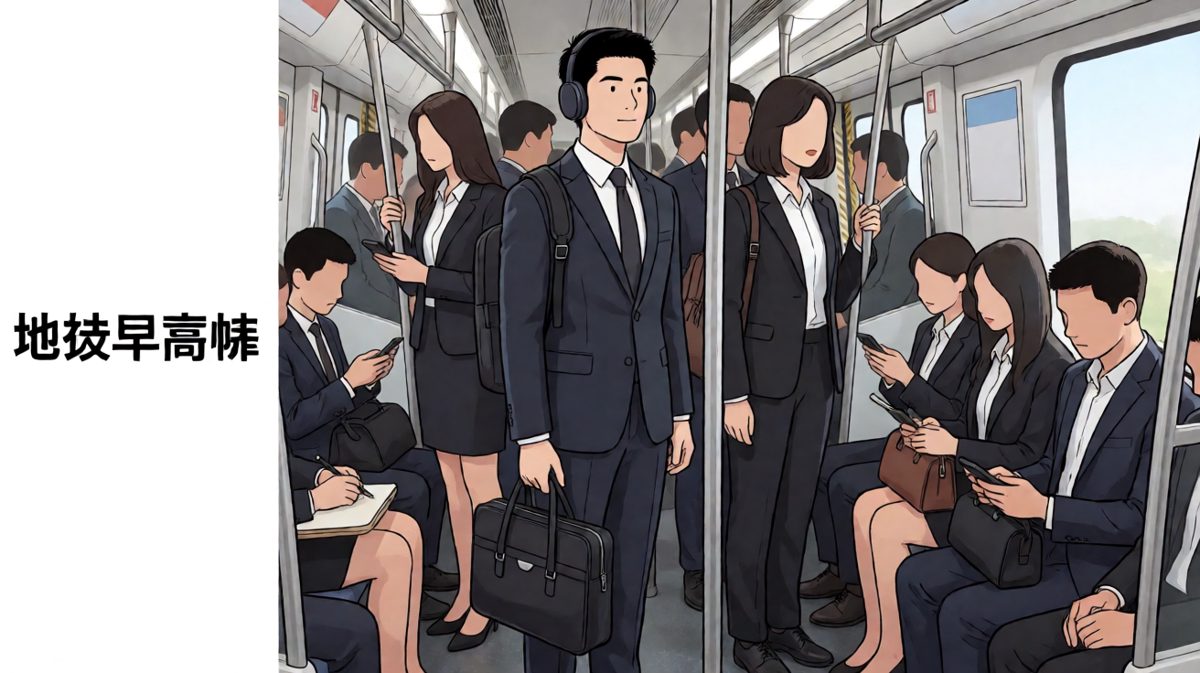 格子一：自信入场——主角戴着耳机在地铁上随音乐摇摆，神情陶醉，浑然不觉自己已经开了麦。