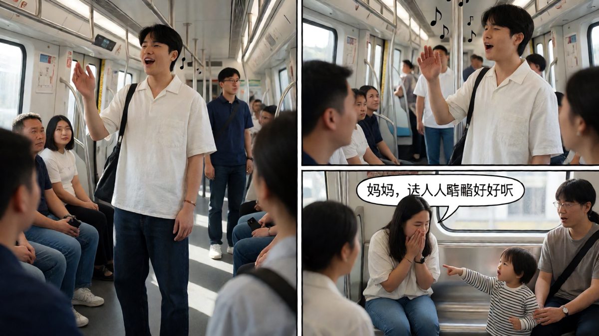 格子二：高音失控——主角进入状态开始放声高歌，全车乘客齐刷刷回头，画风逐渐诡异。