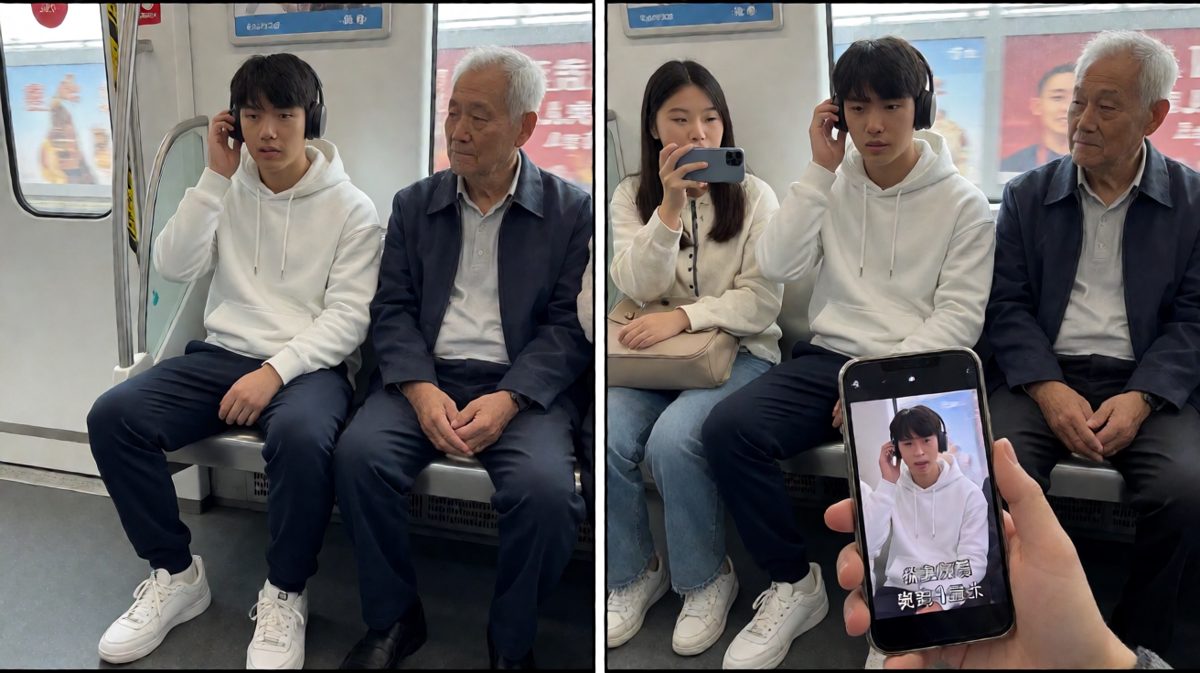 格子三：真相降临——摘下耳机后发现全员围观，最致命的是有人已经录下了全过程。