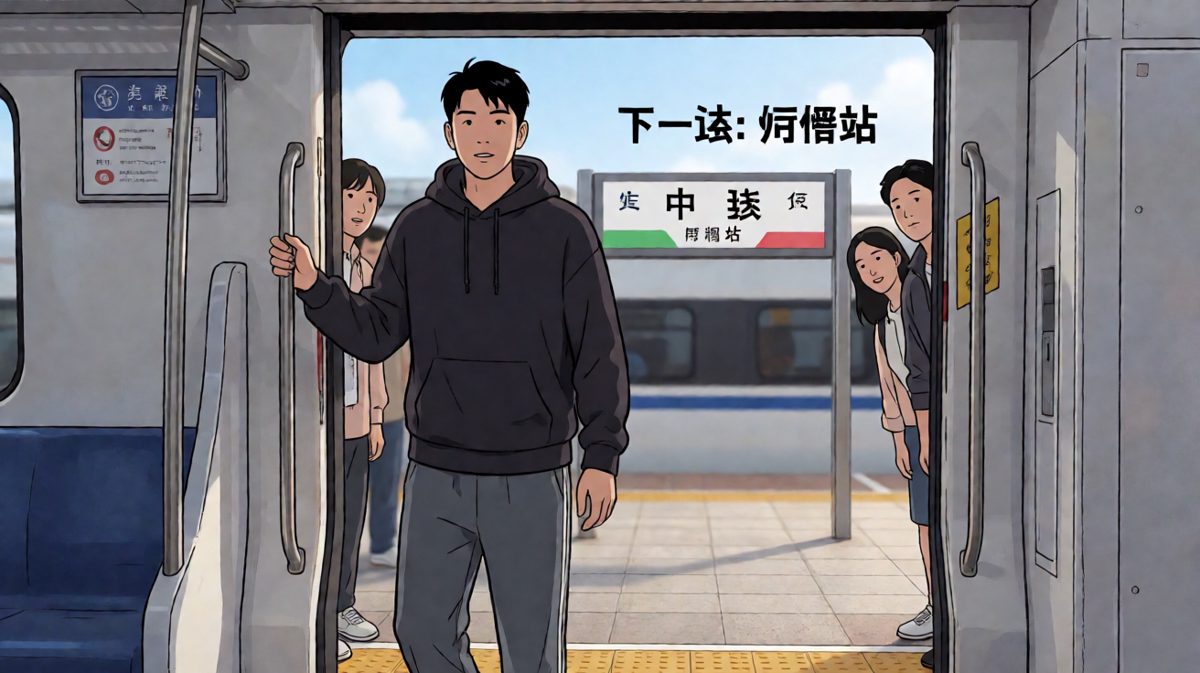 格子四：终极暴击——冲下车门才发现坐反了方向，站牌写着'后悔站'，人生至此已经无法挽回。