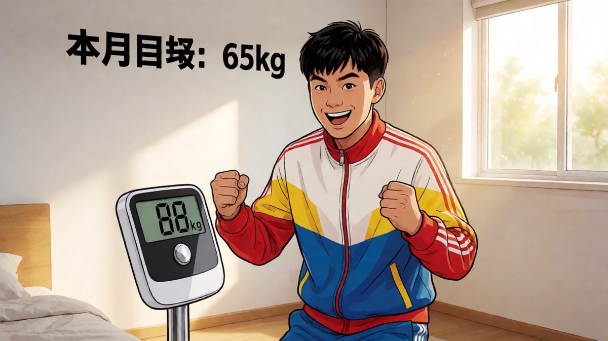 第一格：信誓旦旦立flag，发誓一个月瘦到65公斤！