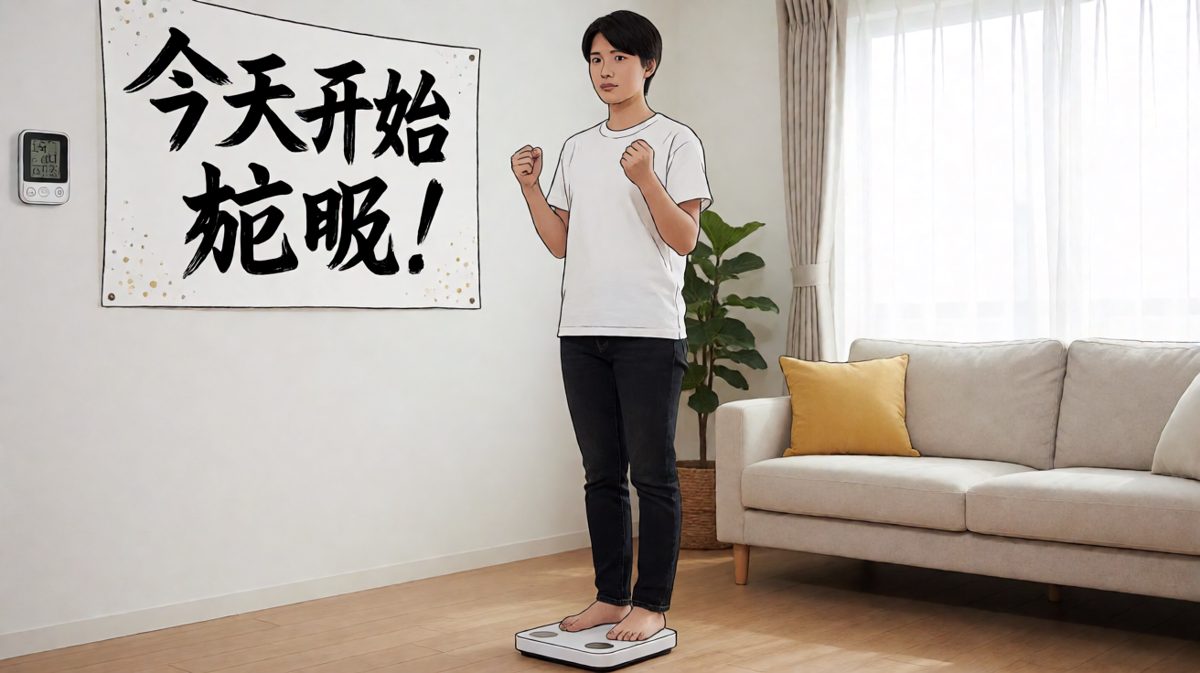 看到体重数字后，主人公咬牙切齿立下减肥flag