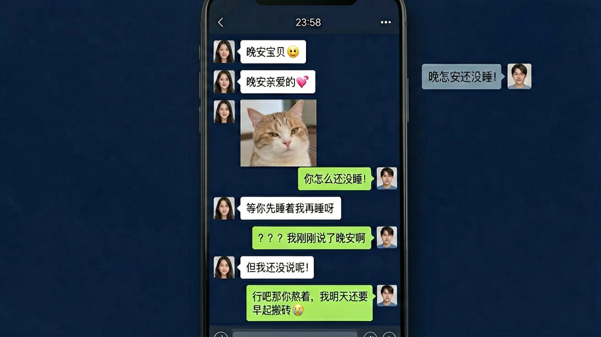 一句晚安变成谁先睡着的博弈，女生反客为主让男生干着急