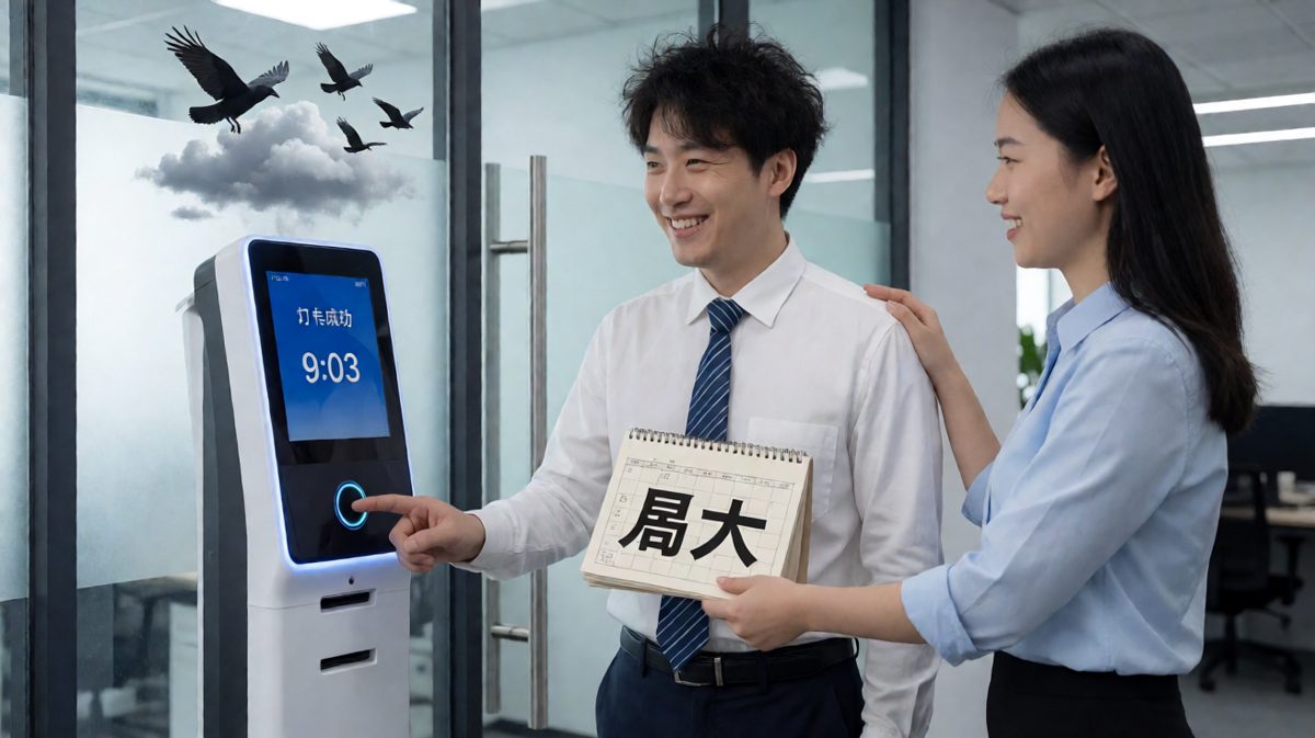 第四格：千辛万苦打卡成功，同事淡淡提醒——今天周六。