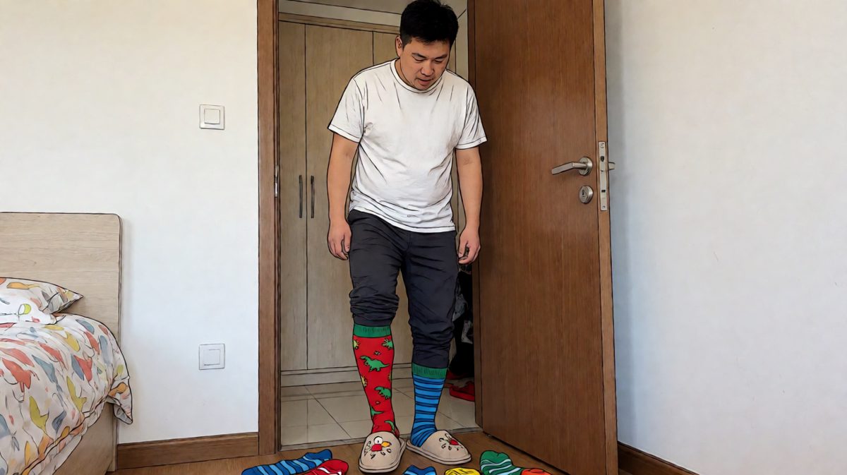慌忙穿袜子，结果两只完全不同的袜子穿到了脚上。