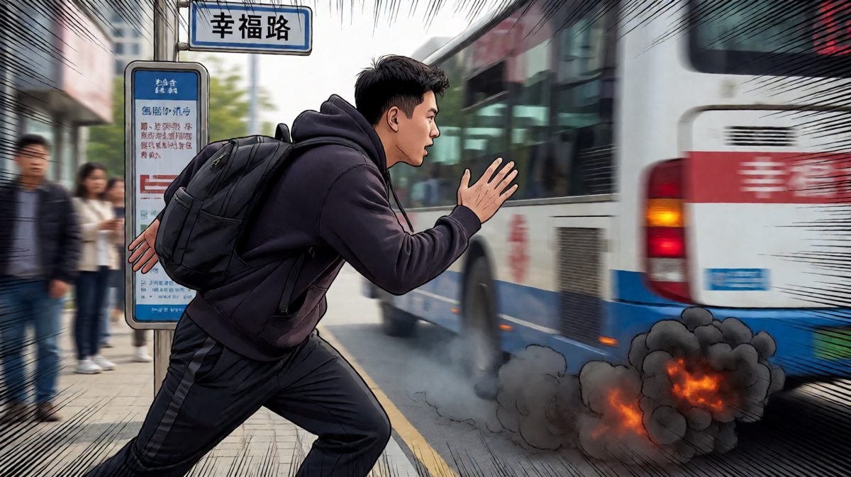 冲到公交站，眼睁睁看着公交车开走……