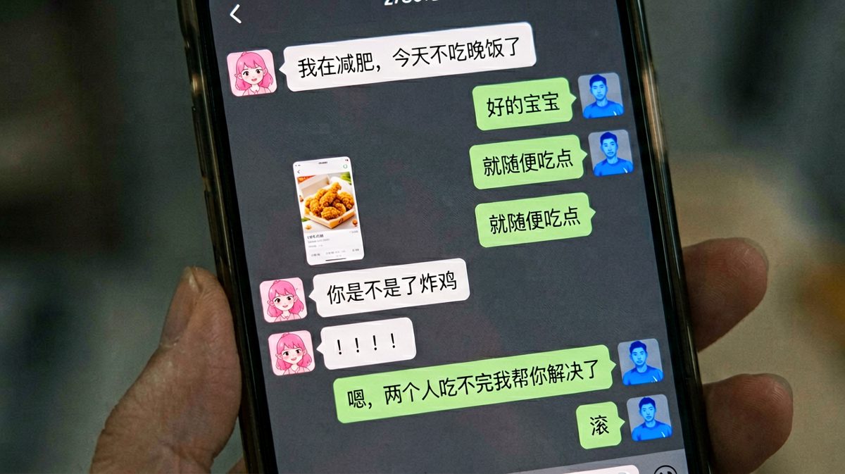 女生减肥喊口号，男生反手点个炸鸡还说是帮她解决。