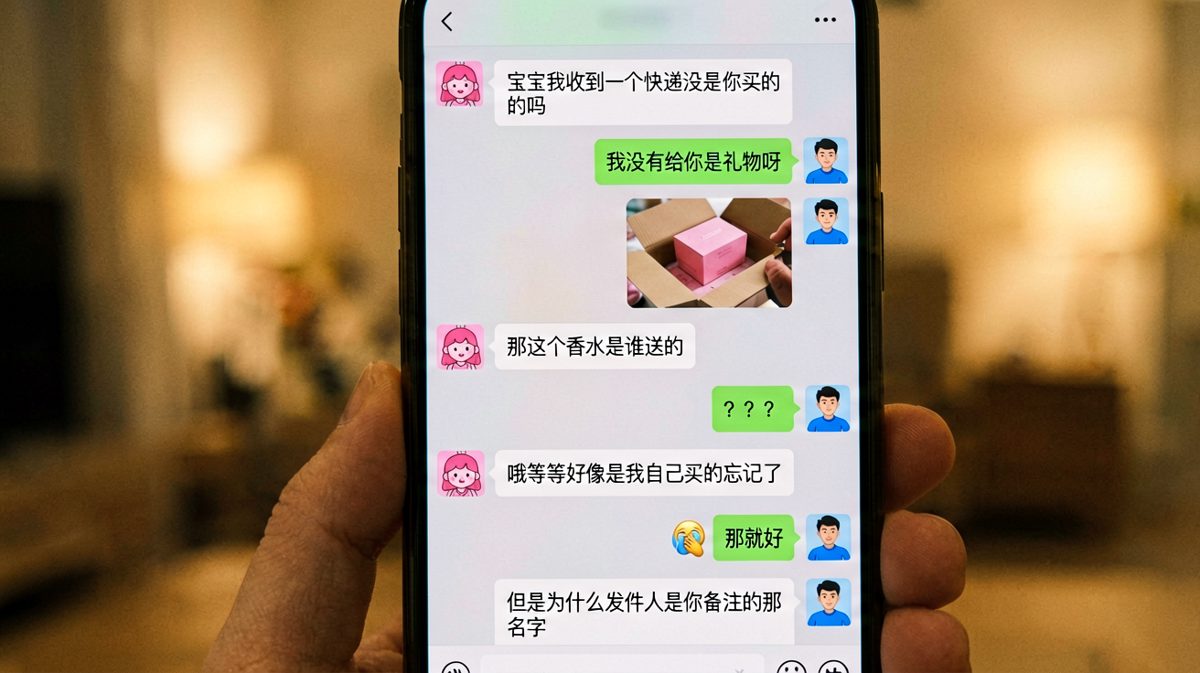 香水礼物反转，最后暴露男生备注的'那个名字'让人细思极恐。