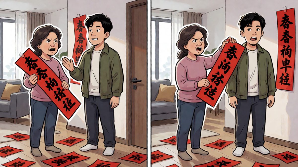 妈妈：'春联贴反了！今年你负责贴！' 小林：'妈我错了——' 