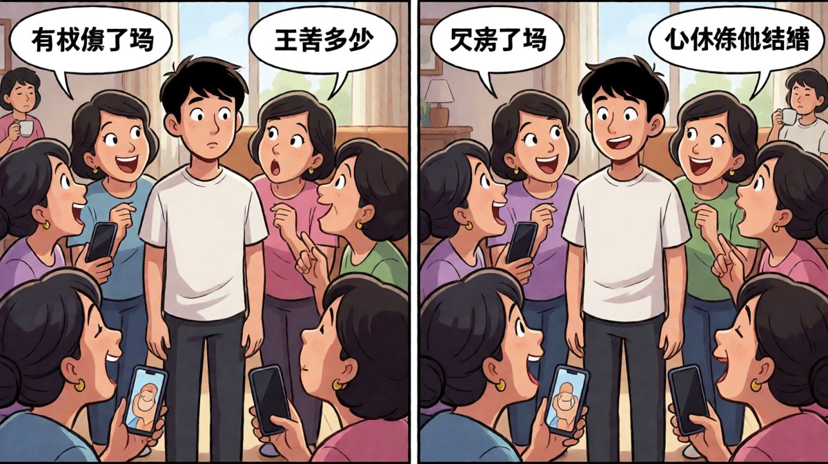 亲戚团：'来来来，说说你的情况。' 小林：'我就想安静吃个瓜子……' 
