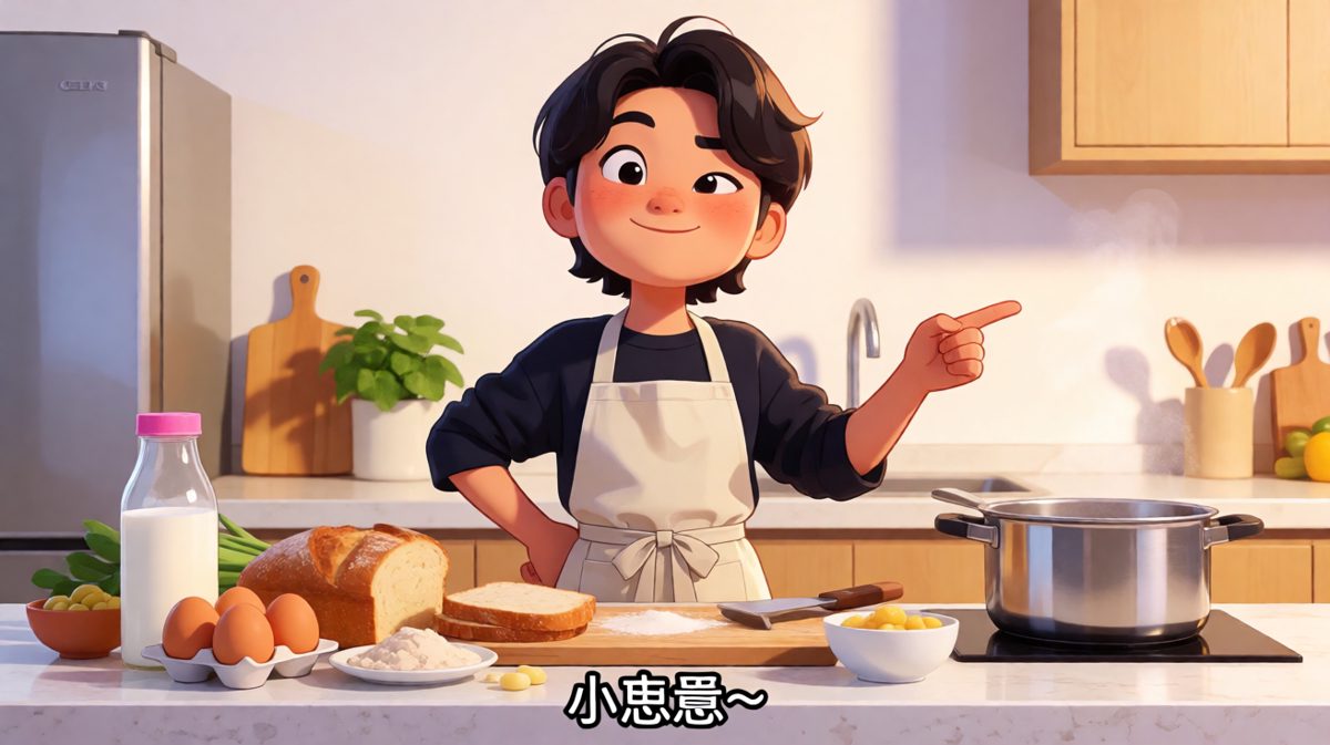 主人公平静自信地站在厨房，准备大展身手