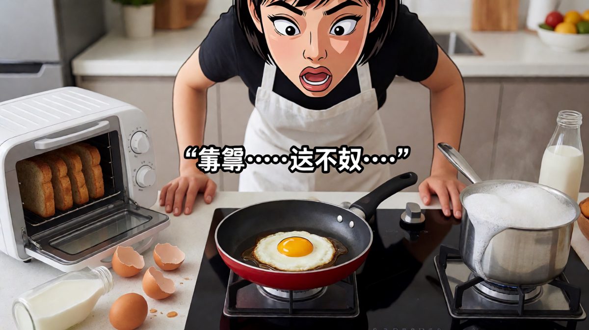 做饭过程全面崩盘，煎蛋烧焦牛奶溢出面包烤糊