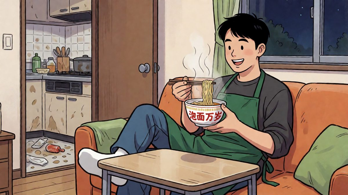 历经磨难后，主人公终于在泡面中找到了幸福