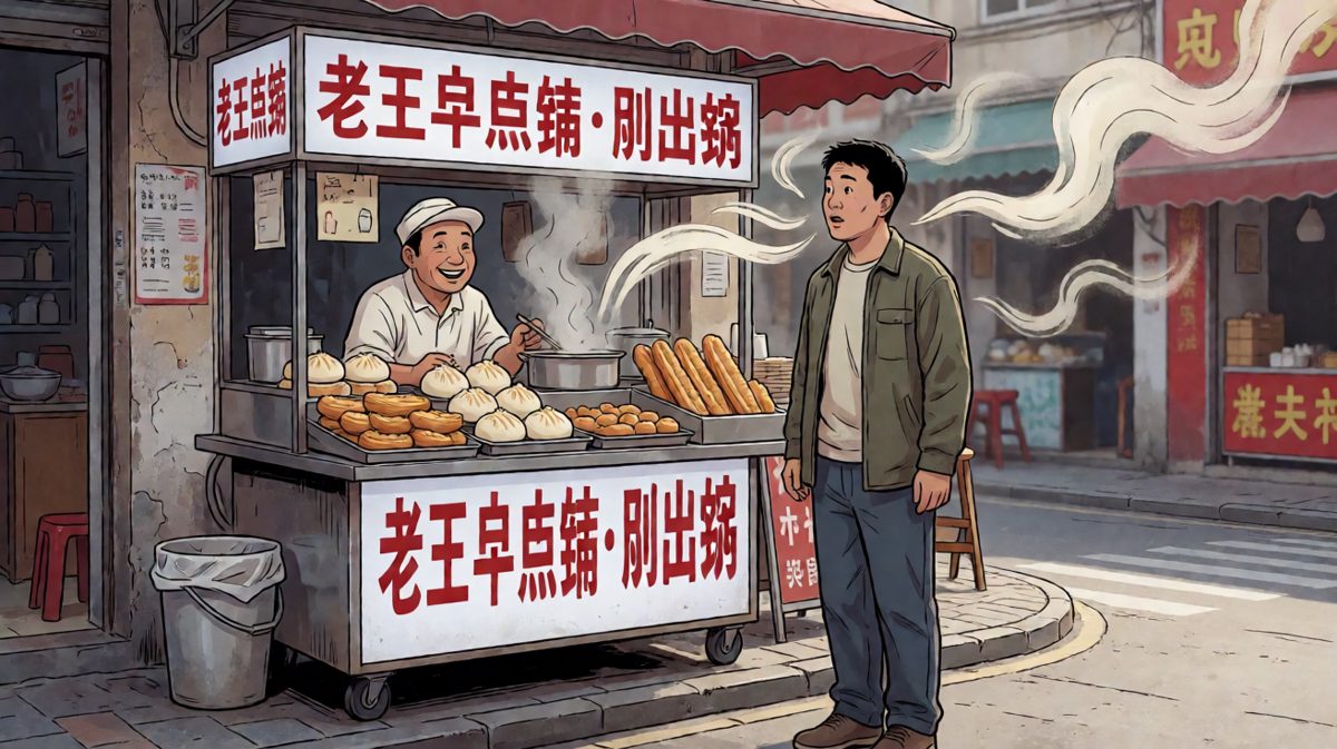 跑了不到两公里，竟然路过一家刚出锅的早餐摊……