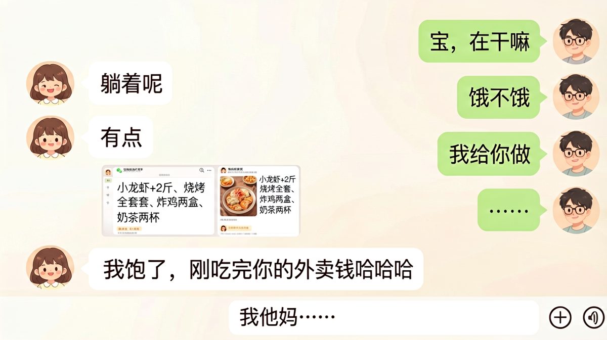 说好一起做饭，结果她点了一单外卖把我余额清空了