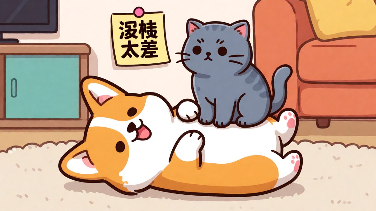 狗狗装了个假死，结果被猫当成了免费坐垫，尴尬到脚趾抠地
