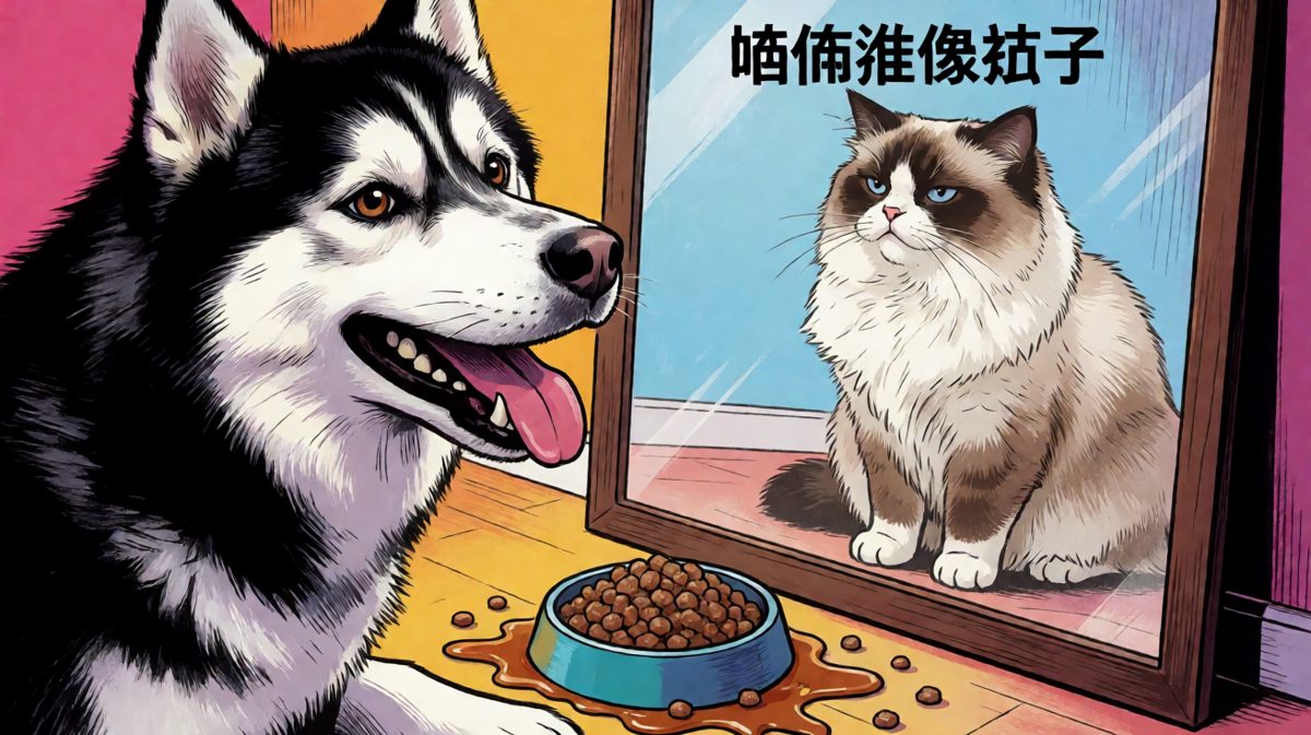 哈士奇在镜子前臭美，结果发现对面坐着的是一只冷漠的猫室友