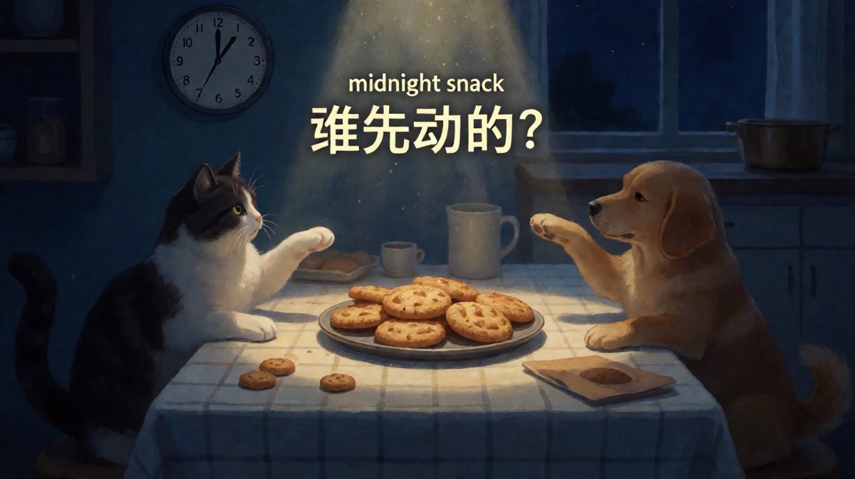 午夜两只毛孩子偷偷摸摸偷吃饼干，结果爪子碰在一起当场社死