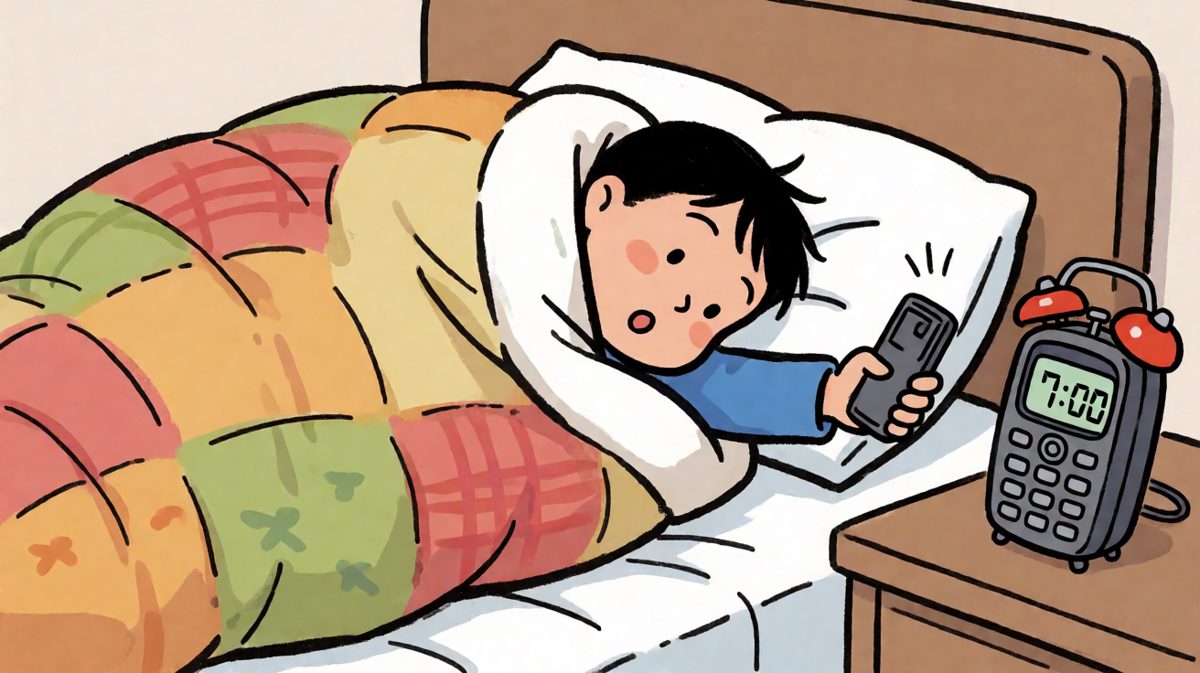 第一格：闹钟响起，被子蠕动着不肯起床。
