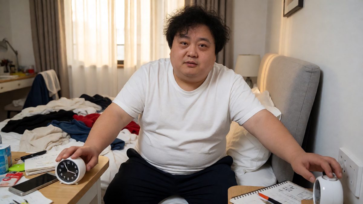 第二格：关掉闹钟的手又在按贪睡键，陷入循环。