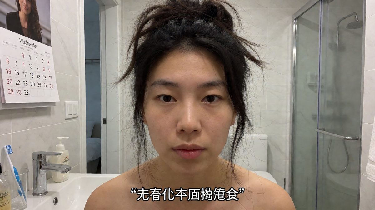 第三格：终于站起来，对着镜子开始怀疑人生。