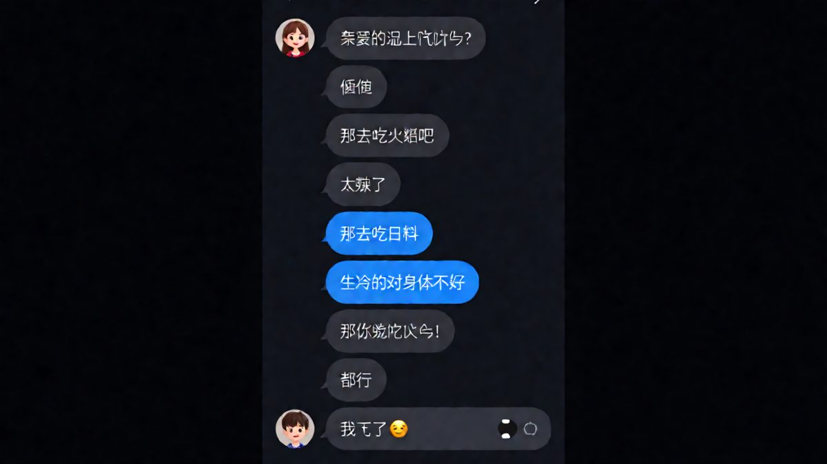 男生一连串的'随便'把女生逼到崩溃，最后一句语音才是真正的答案