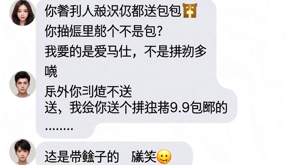 女生要名牌包包，男生直接送拼多多9块9包邮，最后一句话把天聊死了