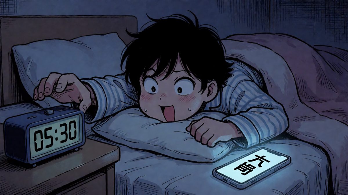 闹钟狂响，主角挣扎起床，完全没看日历。