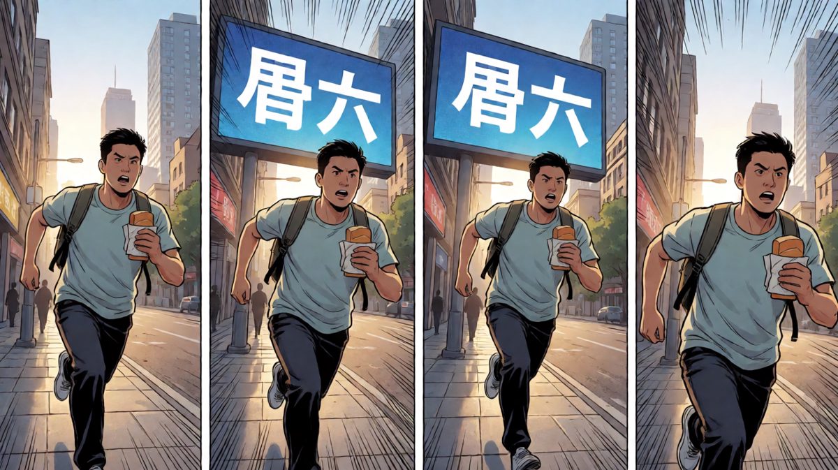 主角在晨光中一路狂奔，无视路边一切提示。
