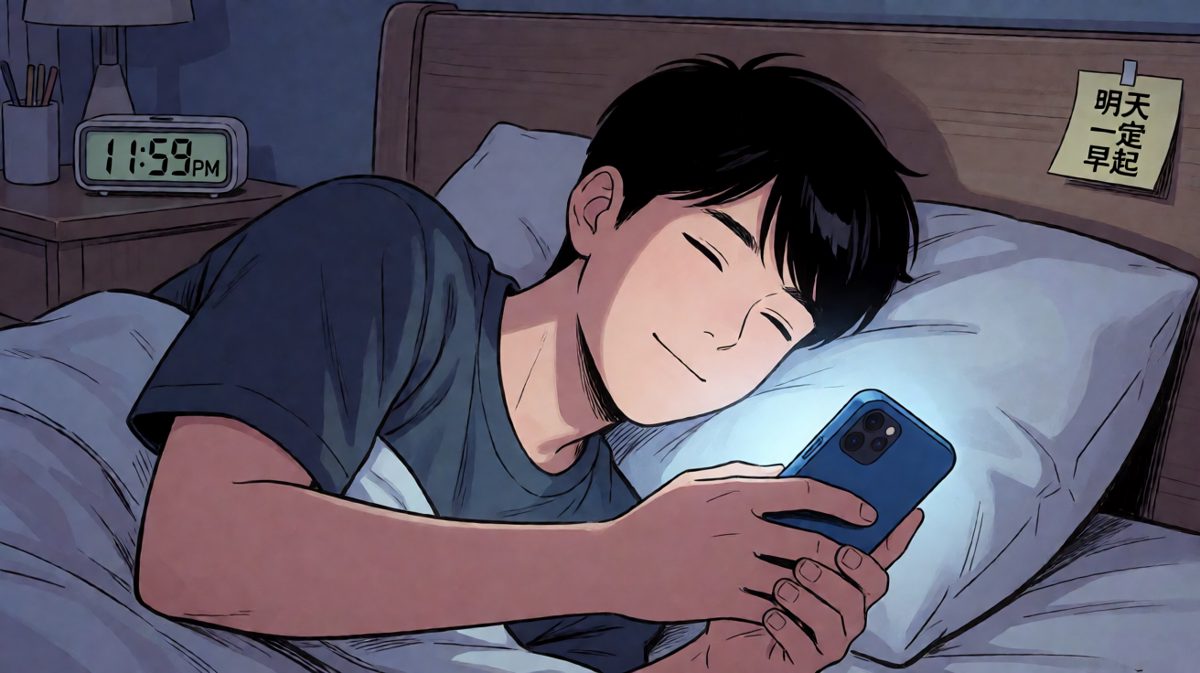 第四格：夜深了，主角立下新的flag——明天一定早起，循环往复。