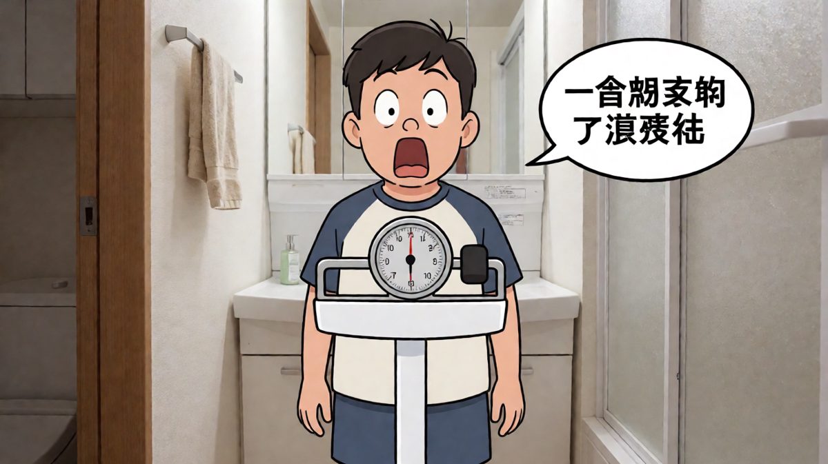 主人公发现体重飙升，一脸崩溃。