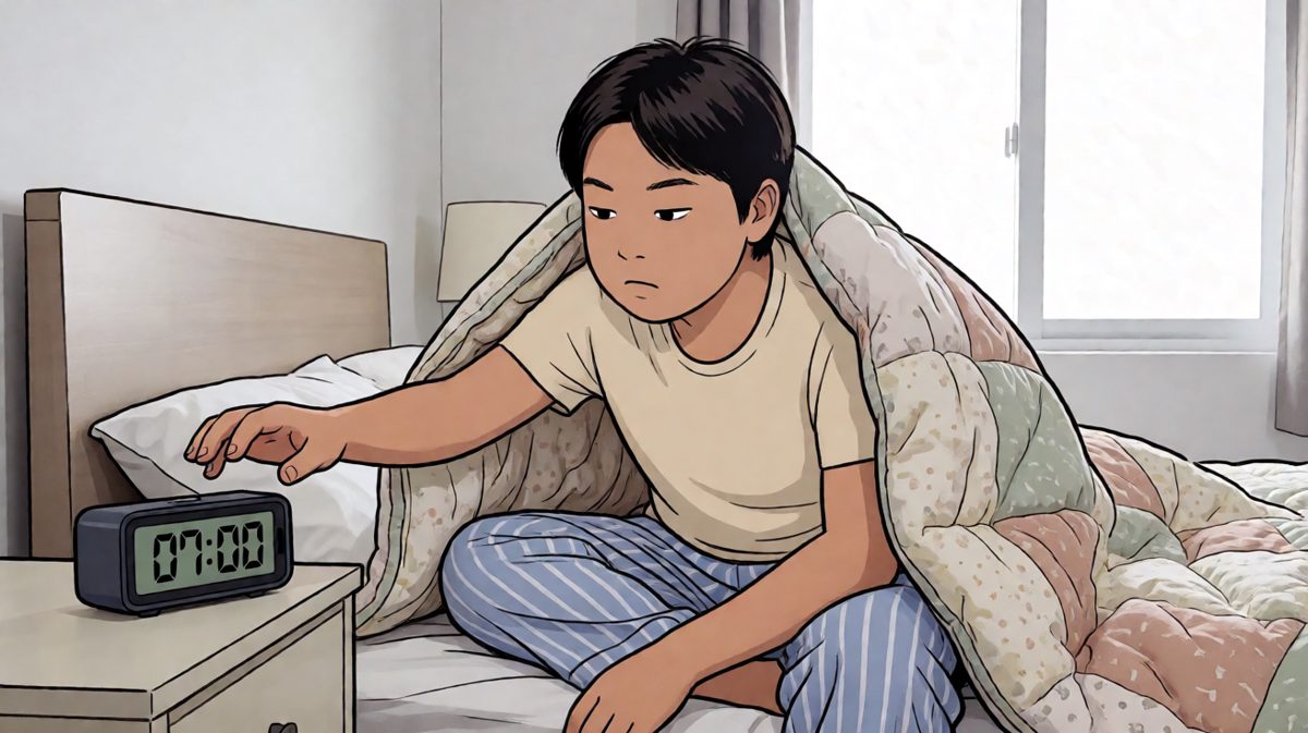 第一格：闹钟响了，主角硬撑着要关掉