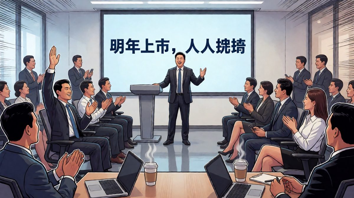 老板激情画饼：明年上市，人人持股！员工举手：老板，那我上个月买的原始股……老板：哦，那个啊，我们说的是明年上市的股票。