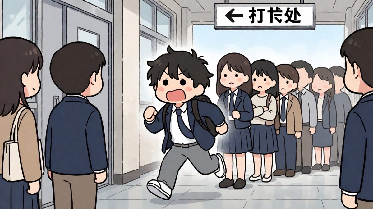 迟到啦！主角狼狈冲向打卡处。