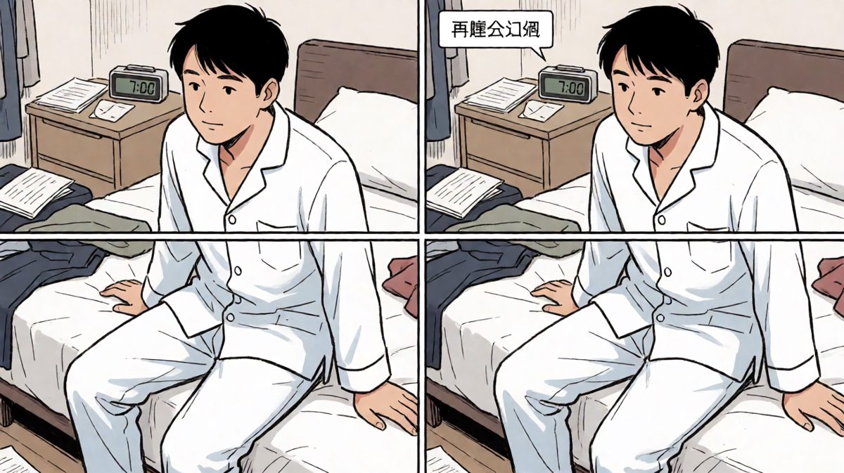 闹钟响起，主人公赖床不想起