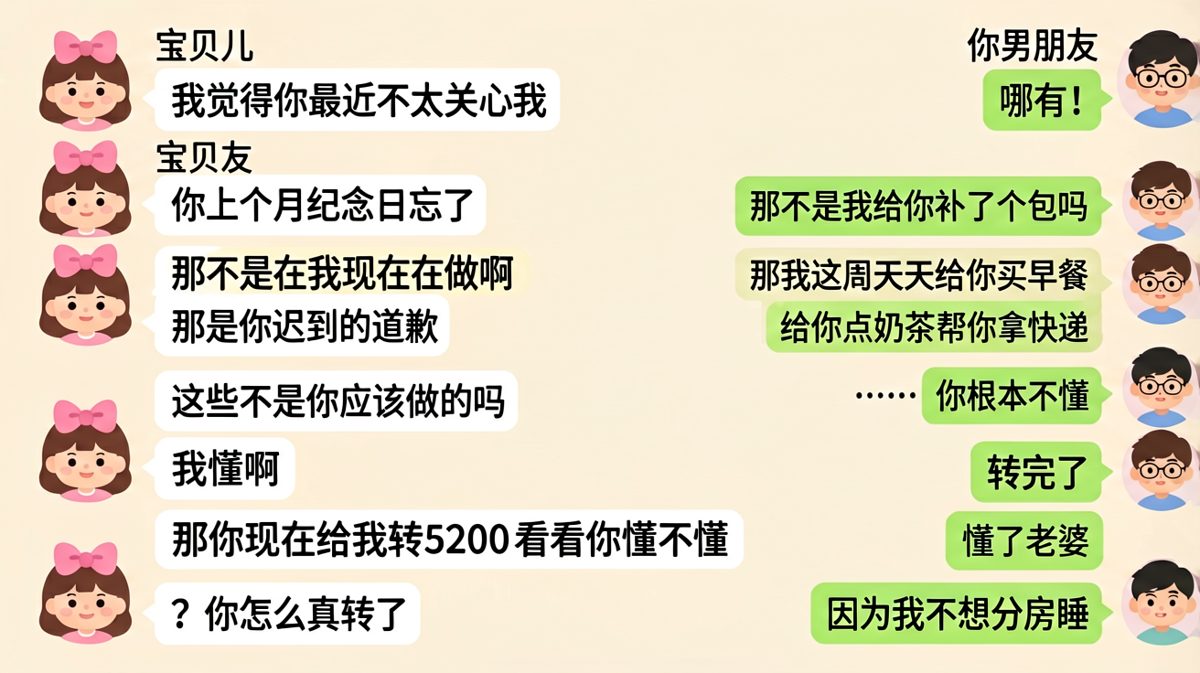 当女生说「你不懂」时男生选择了直接转账