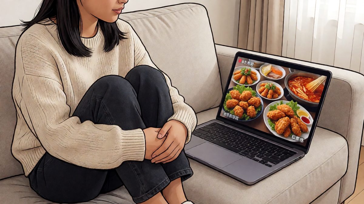 第一格：女生边看美食视频边坚持减肥，肚子却拼命抗议。