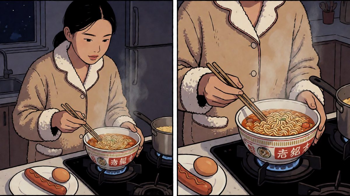 第二格：深夜饿得受不了，偷偷煮了一碗豪华泡面。
