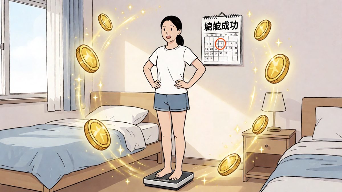 第三格：第二天上秤，体重居然轻了一斤！女生兴奋到眼睛变成星星。
