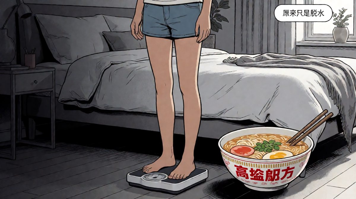 第四格：真相揭晓——泡面太咸导致脱水，根本不是减肥成功！