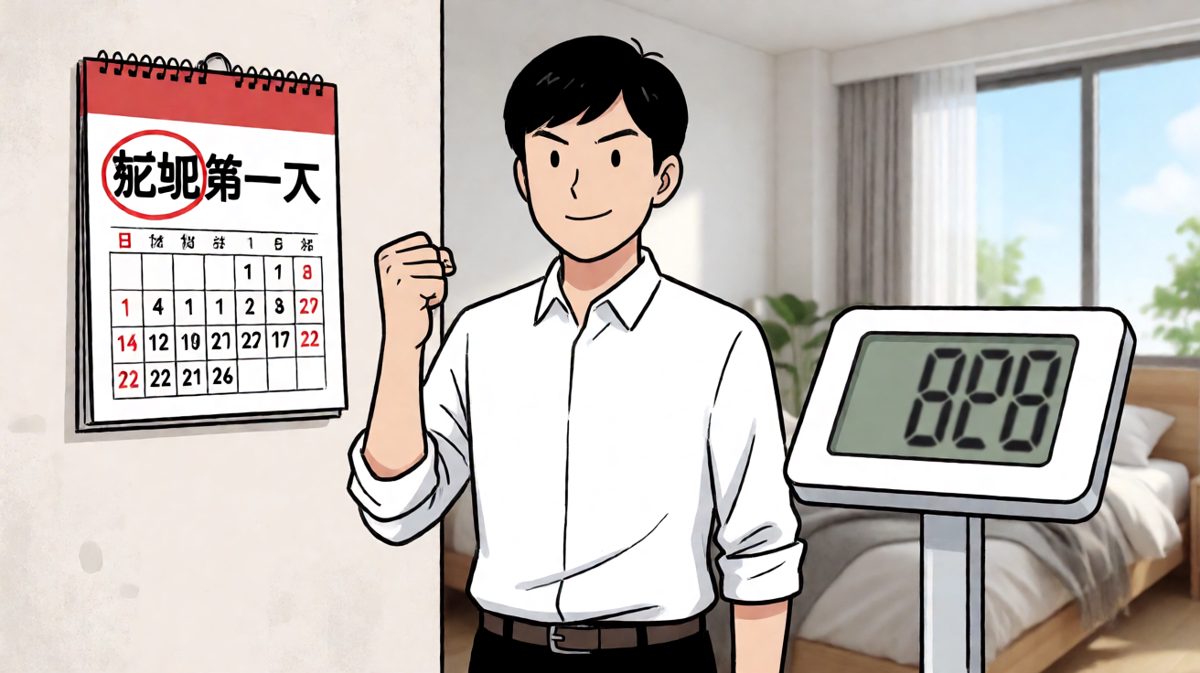 雄心勃勃站在体重秤前的减肥第一天