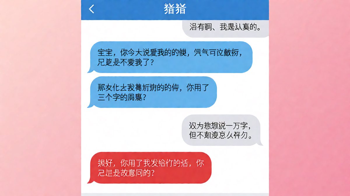 女朋友质疑男朋友回复字数敷衍，男朋友试图解释却掉进更深的逻辑陷阱。