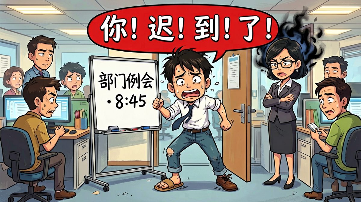 小明：抱歉抱歉！地铁有点堵……（穿着拖鞋版）