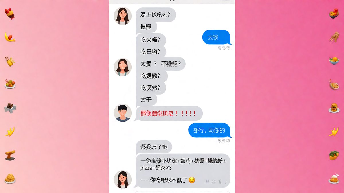经典'随便'陷阱：男生说随便之后女生点的菜单让他瞬间清醒。