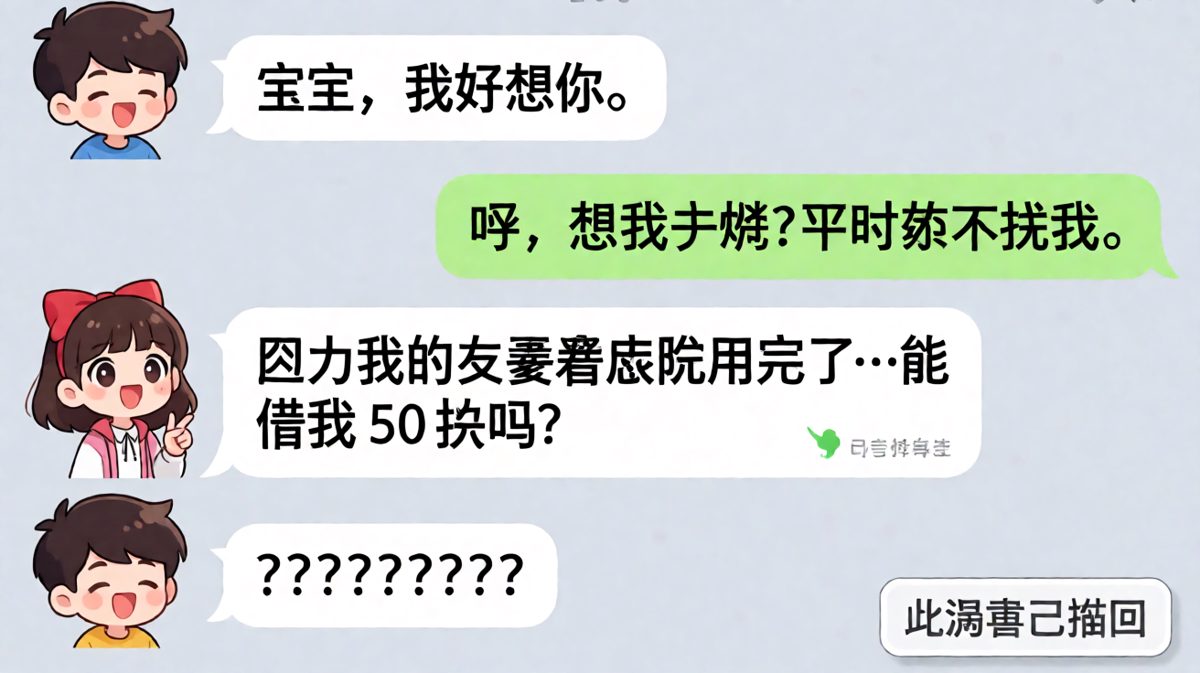 「我想你了」后面竟然是要钱，套路深啊！