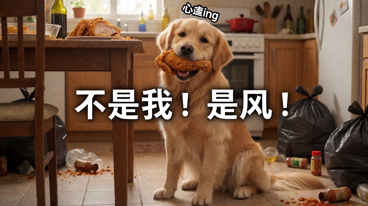 金毛偷吃被抓：眼神已经出卖了它。