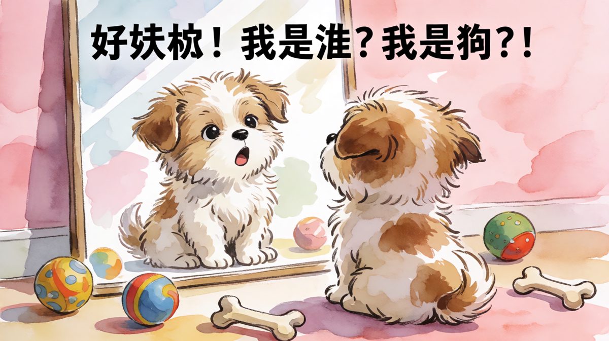 狗狗照镜子：以为自己变猛兽了。